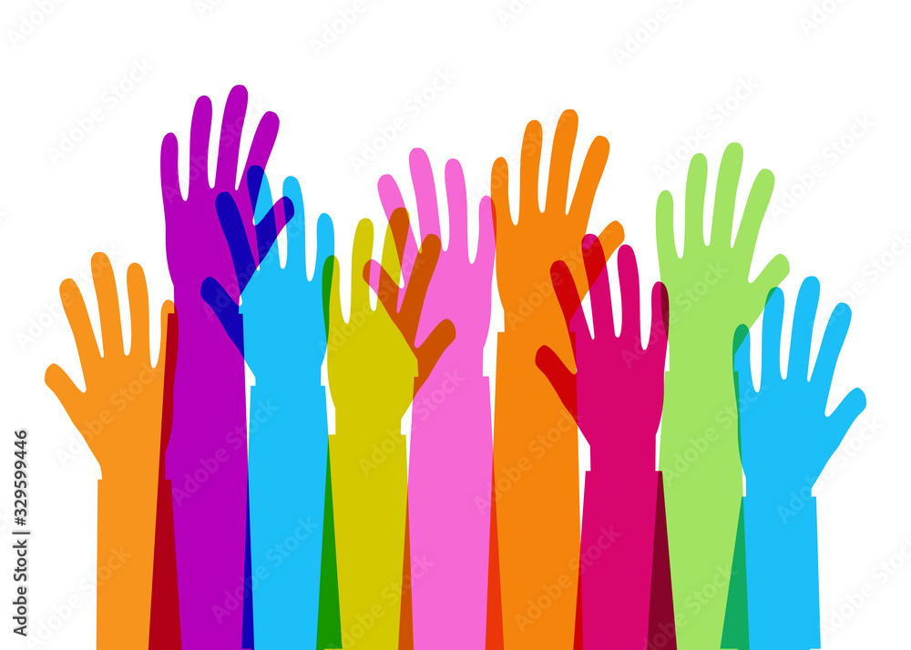 Colourful overlapping silhouettes of hands raised, donation and charity concept vector illustration Colourful overlapping silhouettes of hands raised, donation and charity concept vector illustration