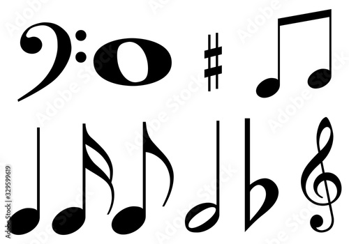 Notas negras de música sobre fondo blanco.