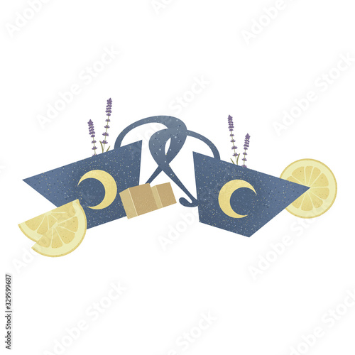 Two blue cup or mug of tea with moon and stars. Lemon slice, brown sugar, lavender isolated on white background. Copy space. Template for menu, card, banner, poster, flyers. Vector stock illustration.