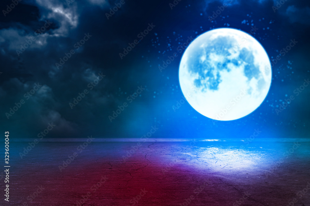 Super moon. a bright full moon and stars above the seascapes at night. Background to the tranquility of nature, outdoor at night.