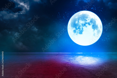 Super moon. a bright full moon and stars above the seascapes at night. Background to the tranquility of nature  outdoor at night.
