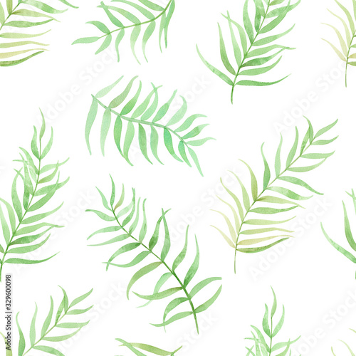 seamless background with green tropical leaves  watercolor hand drawn  illustration on white background