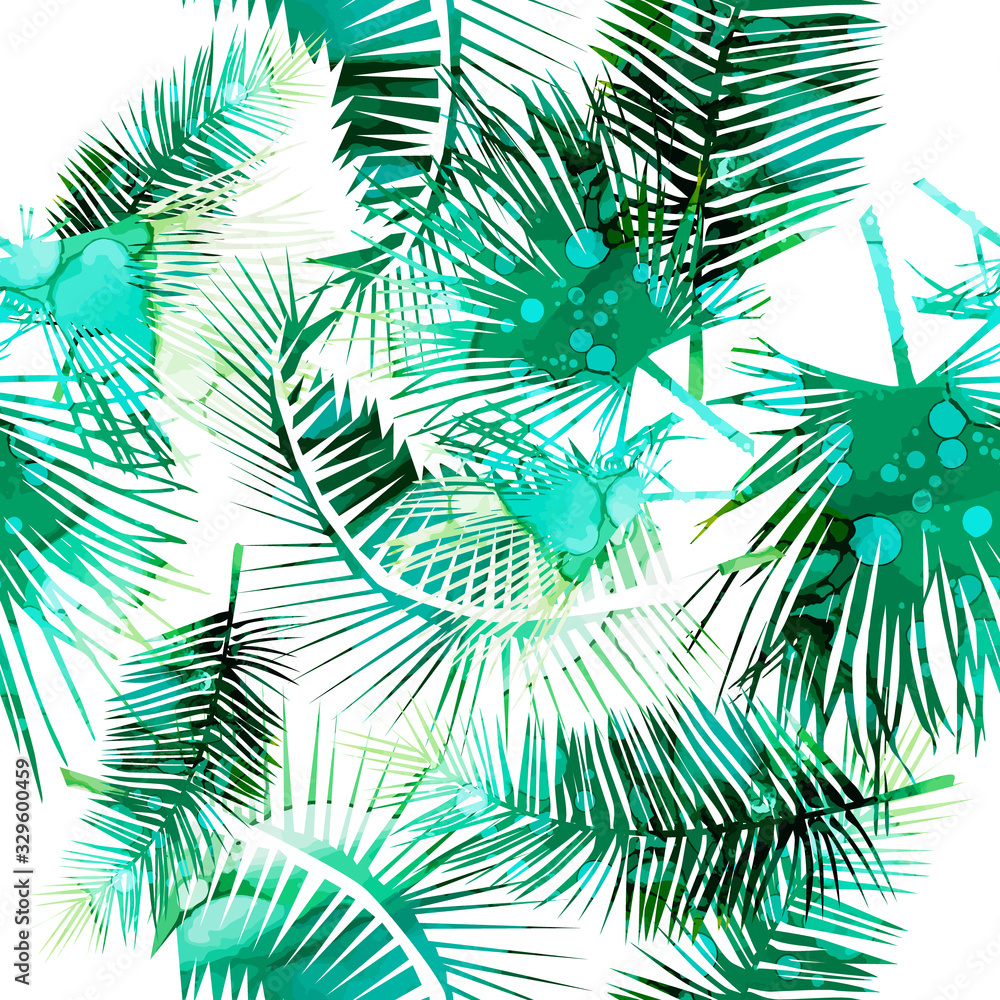 A seamless watercolor background of palm leaves. Mixed media. Vector illustration