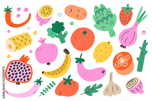 Vegetable and fruit bundle, collection of cute doodle food illustration, isolated vector art, trendy cartoon drawing of broccoli, pomegranate, banana and pepper. Wholesome healthy eating