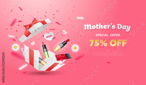 Surprise white gift box with flowers and cosmetic items. Mother's day design.
