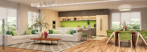 Modern house interior kitchen with living room design. 3D Render