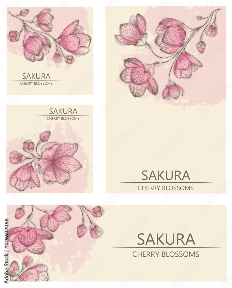 A set of covers and stencils for the design of postcards, banners, and invitations. Vector with a retro cherry blossom on a pink background. Illustration in the style of engraving.
