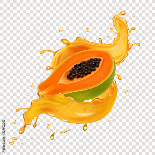 Papaya fruit in realistic papaya juice splash vector icon