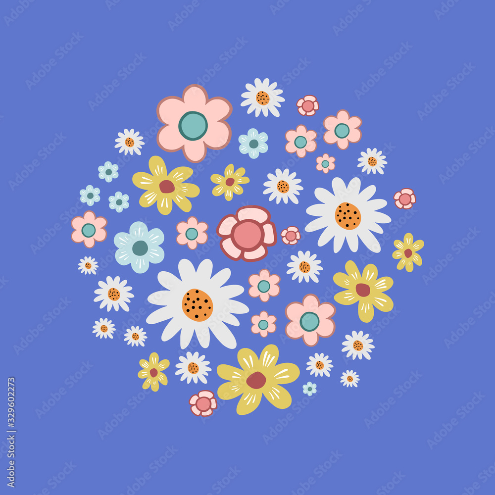 Set of flowers. Flower circle. Flower frame. Vector color illustration of flowers. Flowers in flat style.