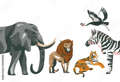 Hand drawn vector abstract cartoon modern graphic African Safari collage illustrations art banner with safari animals isolated on white color background