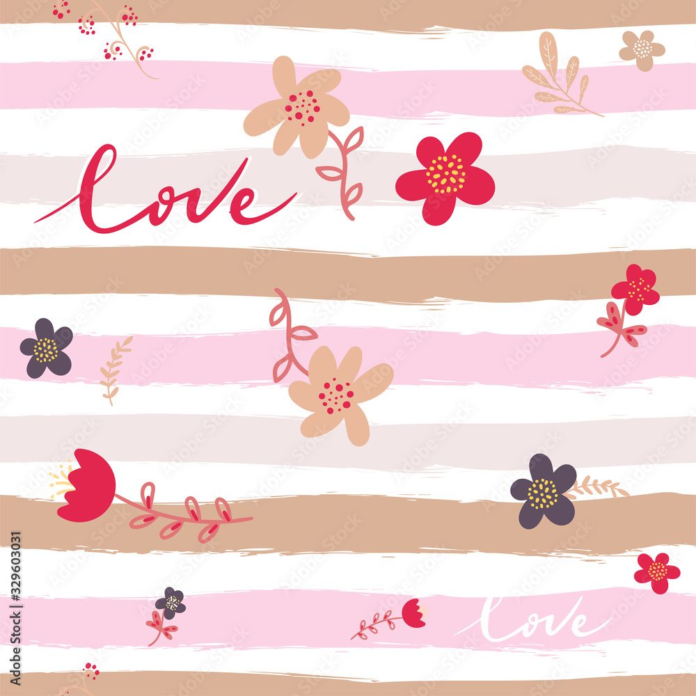 Floral seamless pattern of cute doodle flowers on striped background. drawn by hand with brush. Sketch. Girly vector illustration. pink red gold world love Floral seamless pattern of cute doodle flowers on striped background. drawn by hand with brush. Sketch. Girly vector illustration. pink red gold world love