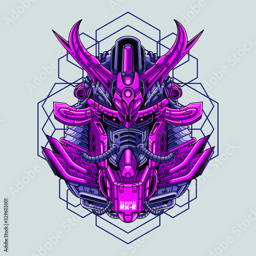 Mecha head samurai with sacred geometry pattern