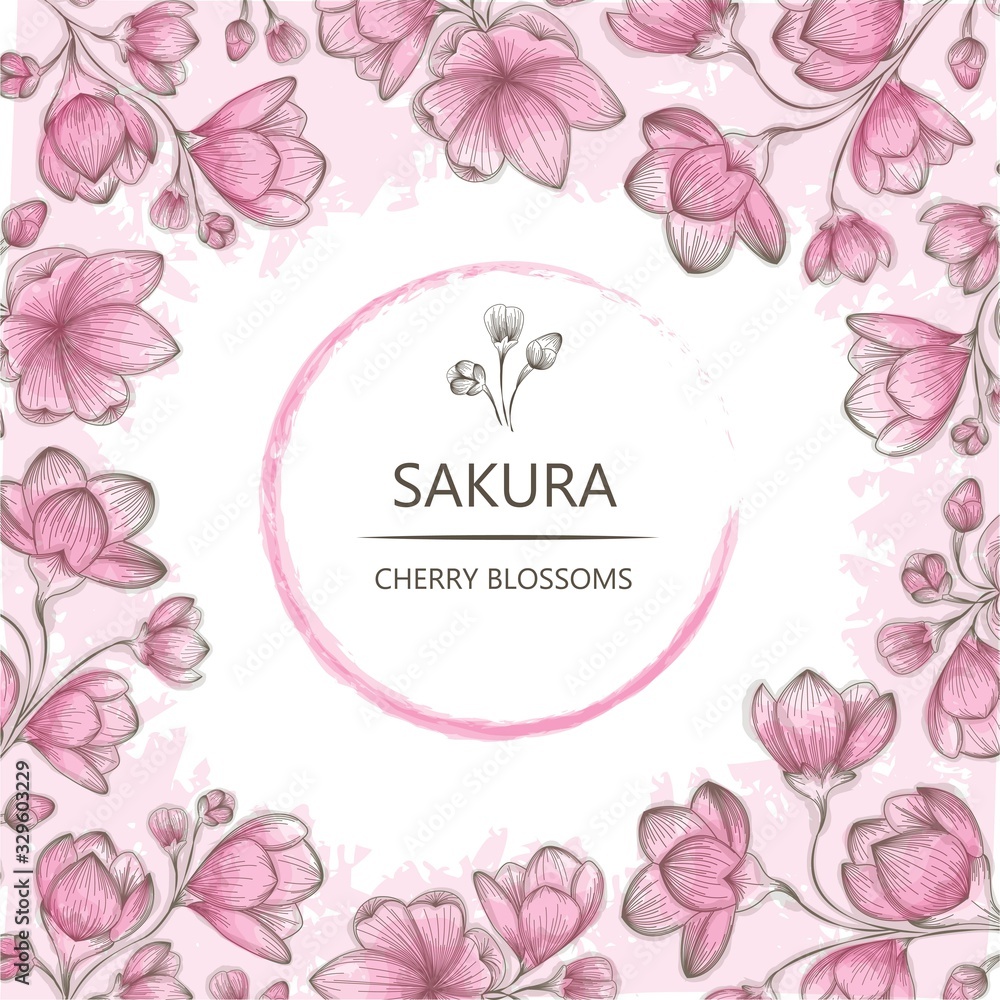 Cover, stencil for design. Vector with a retro cherry blossom on a white background. Illustration in the style of engraving. Space for your text. Cover, stencil for design. Vector with a retro cherry blossom on a white background. Illustration in the style of engraving. Space for your text.