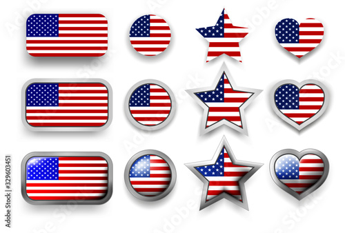 Set of vector labels of USA flag button, round button, star and heart sign of love in flag colors blue, red, white for poster or flyer