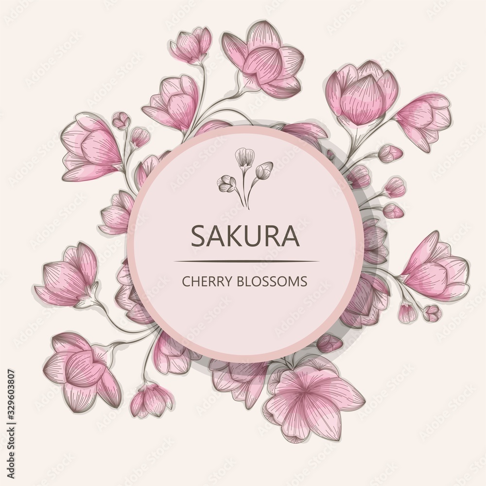 Cover, stencil for design. Vector with a retro cherry blossom on a white background. Illustration in the style of engraving. Space for your text.