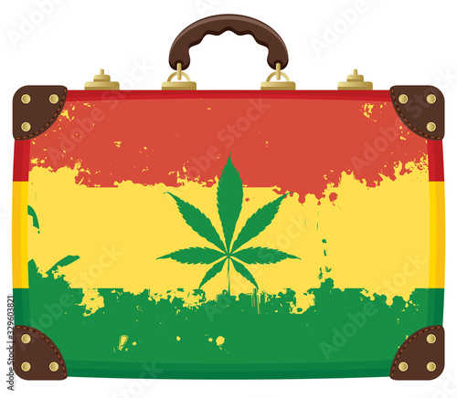 Vector image with an old suitcase in the colors of the Rastafarian flag and a cannabis leaf. The banner for the legalization of marijuana. A natural product made from organic hemp. Smoking weed.