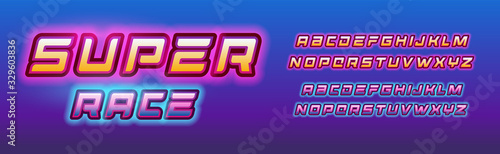Super hero race letters set. Comic book style alphabet with glow effect. Backlit retro font for comic book, logo, banner, monogram and poster. Vector typography design.