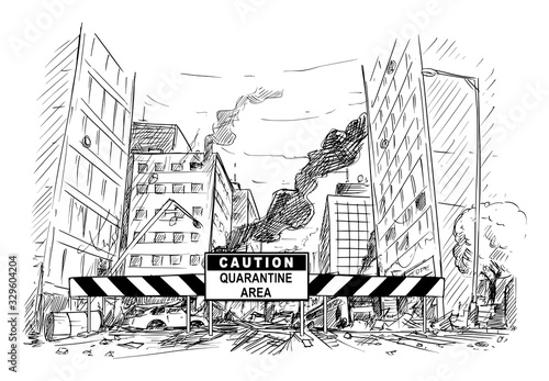 Vector cartoon stick figure drawing conceptual illustration of caution quarantine area roadblock blocking destroyed city street after coronavirus covid-19 epidemic or infection panic.