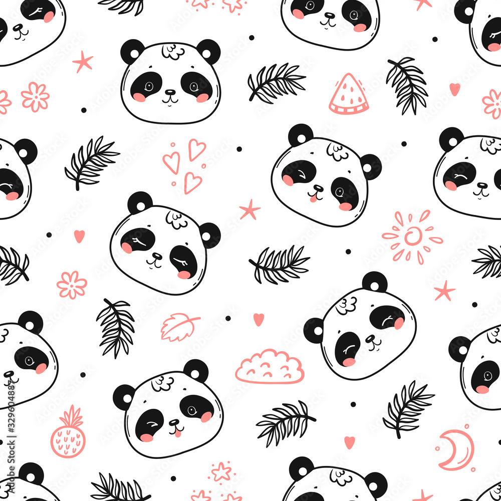 Obraz premium Summer Tropical Pattern with Cute Pandas. Little Baby Panda Bear Face Floral Seamless Pattern. Black and White Chinese or Bamboo Bear Face. Kawaii Animal Heads Vector Childish Background for Kids