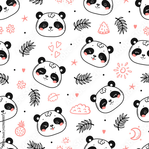 Summer Tropical Pattern with Cute Pandas. Little Baby Panda Bear Face Floral Seamless Pattern. Black and White Chinese or Bamboo Bear Face. Kawaii Animal Heads Vector Childish Background for Kids