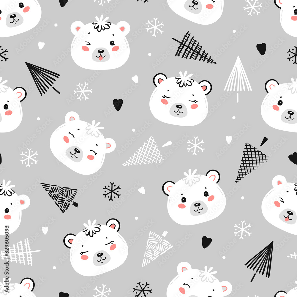 Vector Christmas Seamless Pattern with Polar Bear Heads, Christmas Trees and Snowflakes. Little Baby White Teddy Bear Face and Winter Forest Background. New Year Holiday Wallpaper with Kawaii Animals