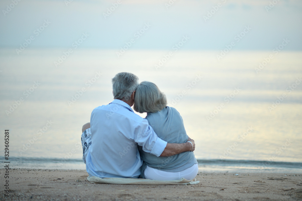 Happy elderly couple resting on tropical beach