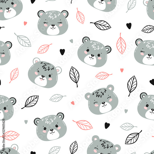 Cute Brown Bears. Little Baby Gray Teddy Bear Face and Leaves Floral Seamless Pattern. Kawaii Animal Heads Vector Childish Background for Kids Fashion Design. Print for Nursery Wallpaper, Baby Shower