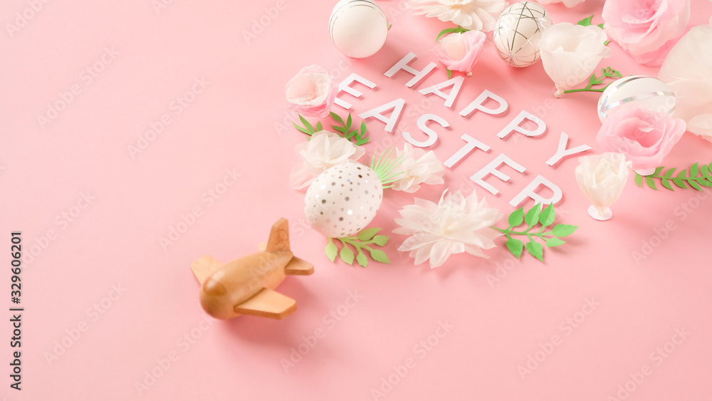 White easter eggs with silver pattern and pink flowers White easter eggs with silver pattern and pink flowers