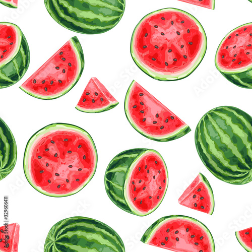 Seamless pattern with watermelons and slices.