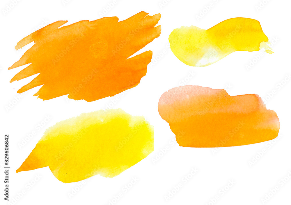 yellow watercolor brush strokes abstract isolated hand drawn objects for design, place for text Painted grunge stripes set.