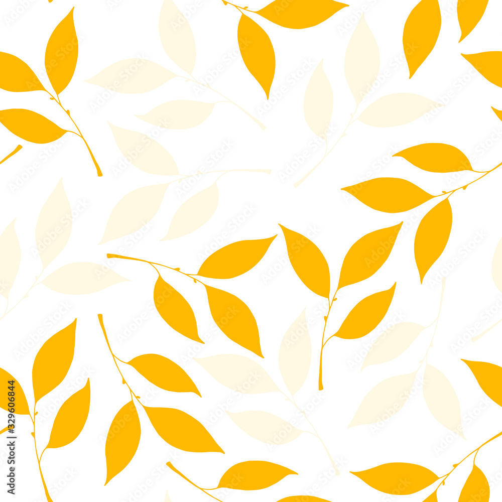 Floral white background with yellow leaves. Seamless leaf pattern.