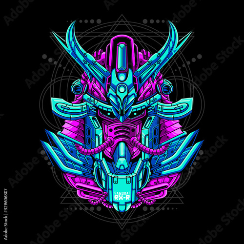 Mecha head samurai with sacred geometry pattern