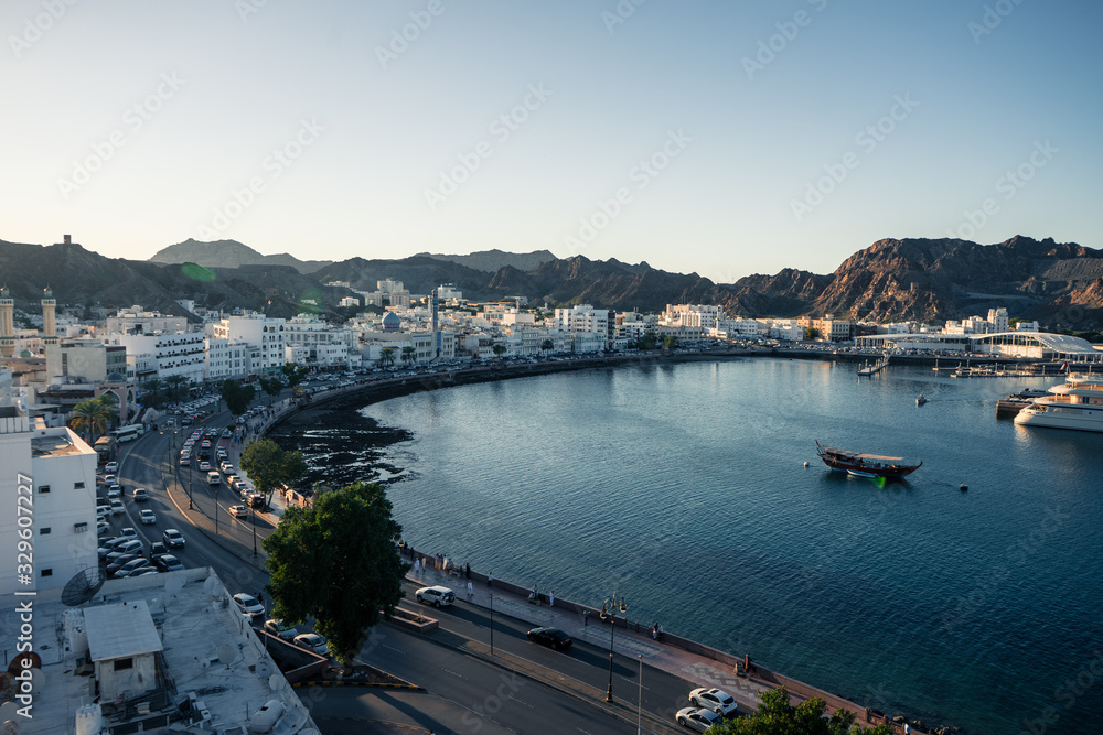 Sunset in the Muscat bay from the Mutrah fort, Oman