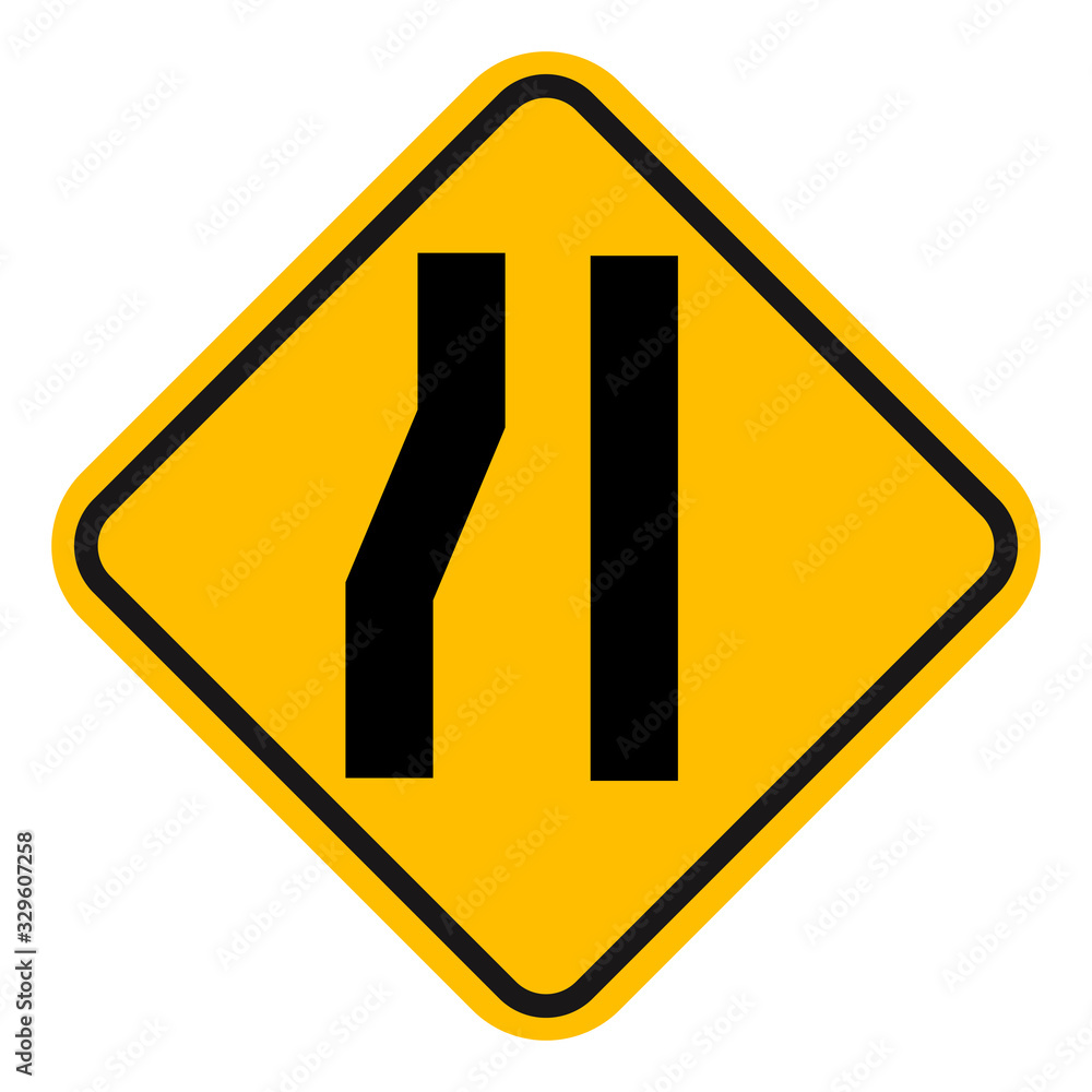 Road narrows on left. Traffic symbols. Yellow background. Road narrows on left. Traffic symbols. Yellow background.