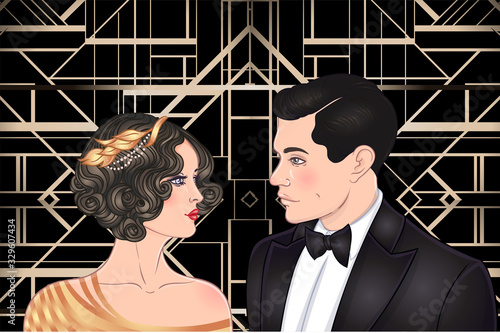 Beautiful couple in art deco style. Retro fashion: glamour man and woman of twenties. Vector illustration. Flapper 20's style. Vintage party or thematic wedding invitation design template.