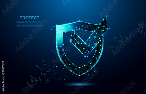 Mobile phone with shield tick icon indicating it is protected, safe, secure. shield protection abstract low poly, polygonal, wireframe image. Network security, safety, privacy concept