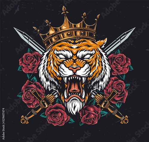 Angry tiger head in crown