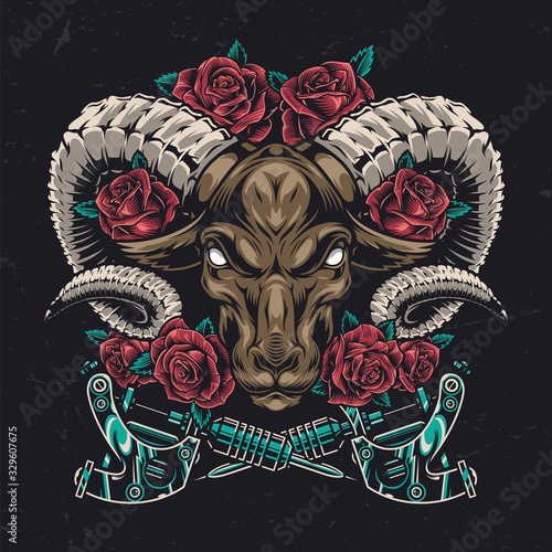 Serious ram head vintage colorful concept
