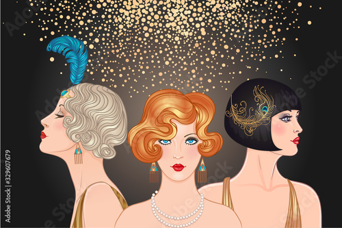 Fototapeta Zestaw Flapper girls: trzy młode, piękne kobiety z lat dwudziestych. Wektor na imprezę glamour, tematyczne wesele lub imprezę jazzową.