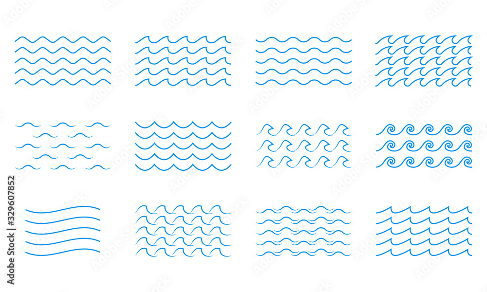 Wave line icon set. Water outline symbol. Sea and Ocean signs. Vector illustration. - obrazy, fototapety, plakaty 