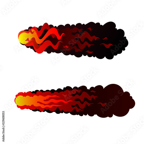 set of abstract red fireballs, meteors with tongues of flames, projectiles or bullets with black clouds of smoke, color vector illustration isolated on a white background in cartoon & hand drawn style