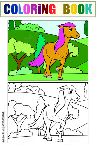 Little foal in a clearing. Set of coloring book and color picture for children.