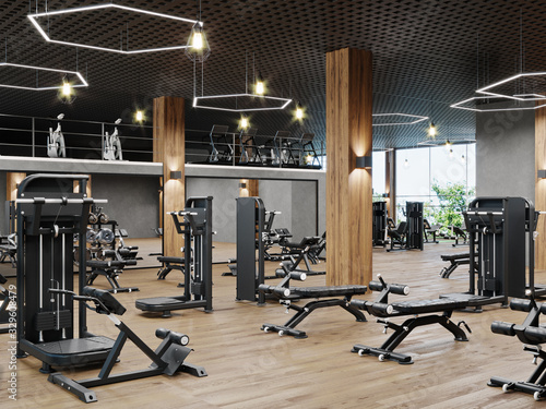 Modern gym interior with sport and fitness equipment, fitness center inteior, inteior of crossfit and workout gym, 3d rendering