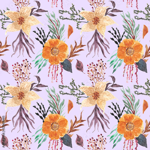 orchid wild floral watercolor seamless pattern