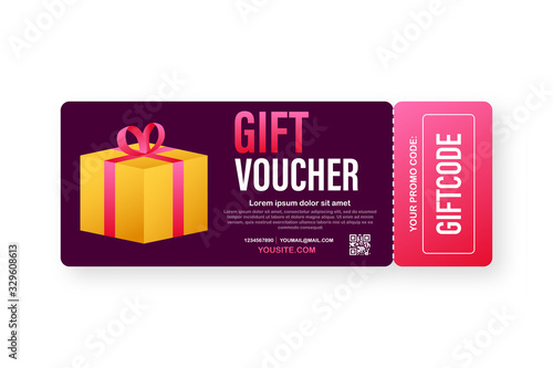 Template red and blue gift card. Vector Gift Voucher with Coupon Code. Discount voucher. Vector stock illustration.