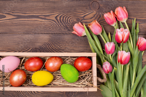 Top view of easter colorful eggs on a bed of straw in a long wooden box on a wooden table and red tulips, space for text.