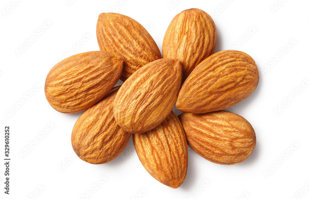 Delicious almonds, isolated on white background, top view Delicious almonds, isolated on white background, top view