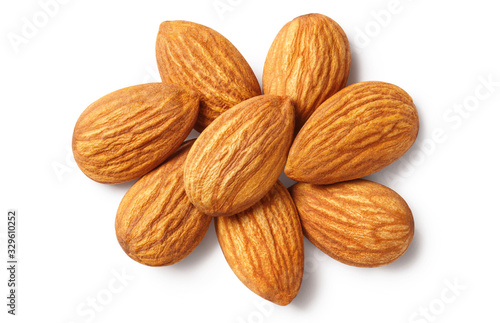 Delicious almonds, isolated on white background, top view