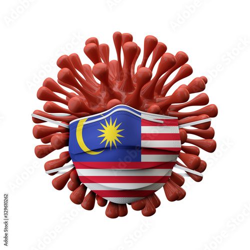 Malaysia flag protective mask on a virus bacteria. 3D Render