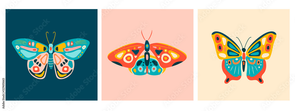 Fototapeta premium Hand drawn beautiful Butterflies. Colorful Vector illustrations. Top view. Pastel colors. Set of three Pre made cards. Every illustration is isolated